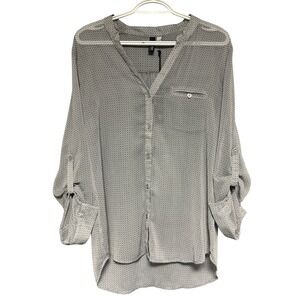 Kut from the Kloth Women's Large Geometric Roll Tab Sleeve Blouse Gray White